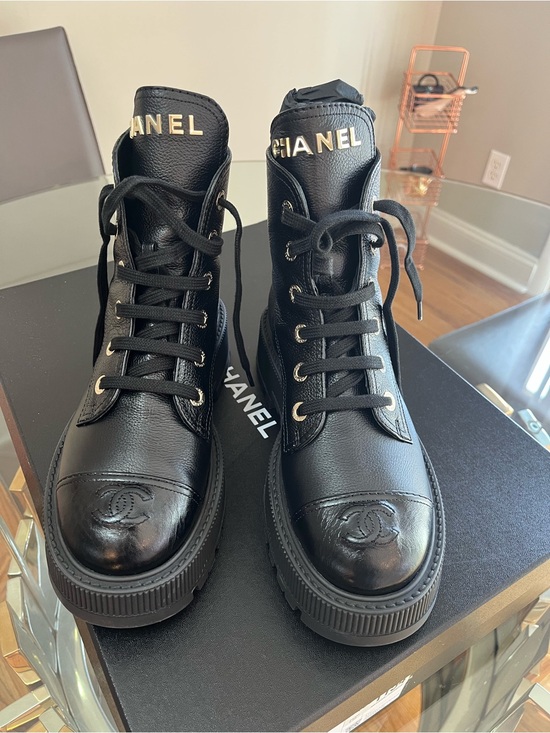 CHANEL Shoes - CHANEL Black Leather Lace-Up Platform Ankle Boots with Gold Logo